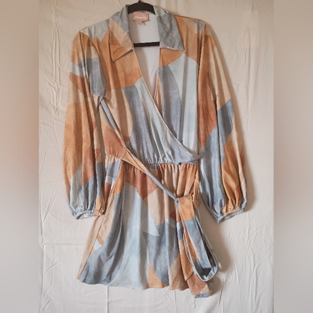 Show Me Your MuMu Geometric Long Sleeve Dress in Blue and Tan